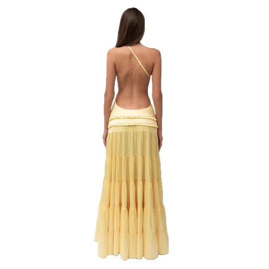 Damen elegantes asymmetrisches Maxikleid mit Rüschendetails R&B