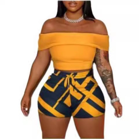 Damen Off-Shoulder Top und Hohe Taille Shorts Set R&B