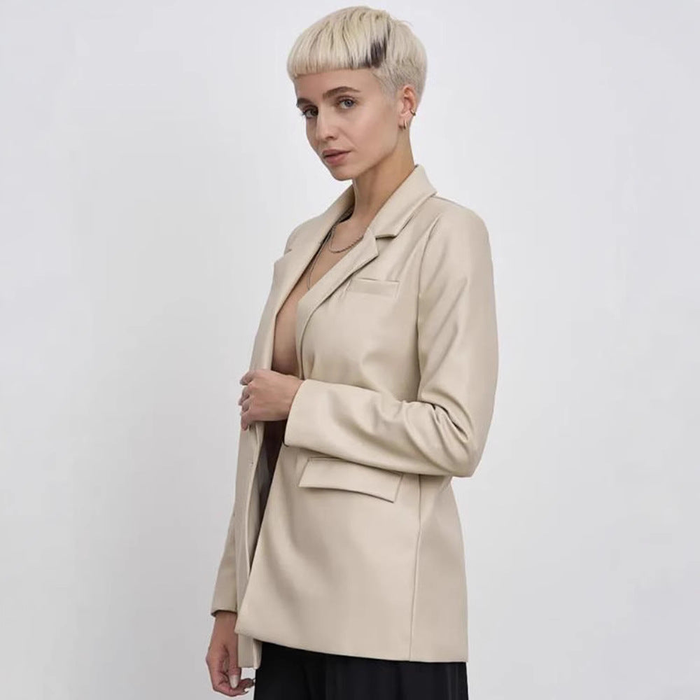 Damen minimalistische und elegante Kunstleder Blazer R&B