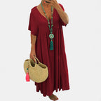 Damen luftiges Boho-Maxikleid mit schwingendem Saum und tiefem V-Ausschnitt R&B