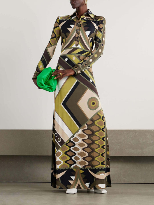 Damen Maxikleid mit geometrischem Muster und Knopfdetails R&B