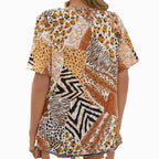 Damen Kurzarm Blusenshirt mit kreativem Tiermuster und V-Ausschnitt R&B
