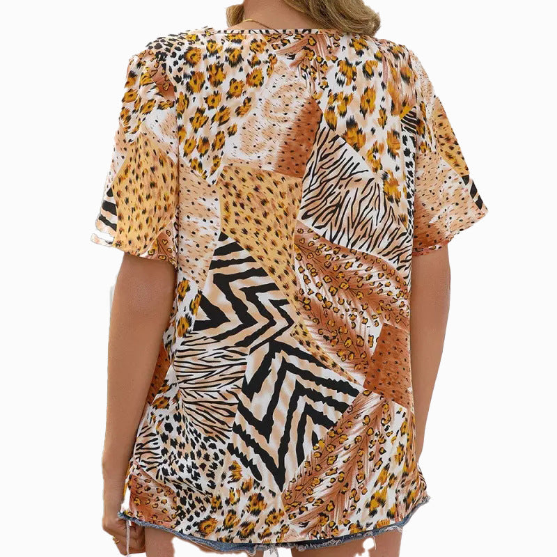 Damen Kurzarm Blusenshirt mit kreativem Tiermuster und V-Ausschnitt R&B