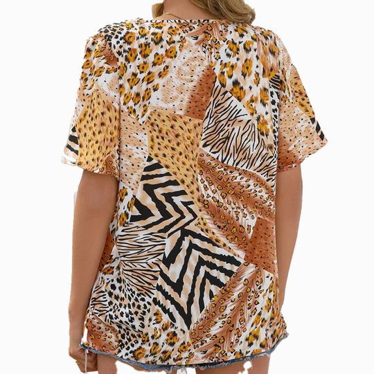 Damen Kurzarm Blusenshirt mit kreativem Tiermuster und V-Ausschnitt R&B