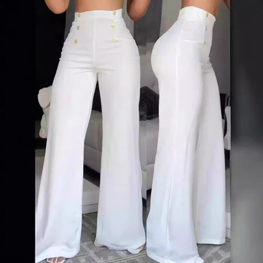 Damen Hochtaillierte Palazzo-Hose mit goldenen Knöpfen R&B