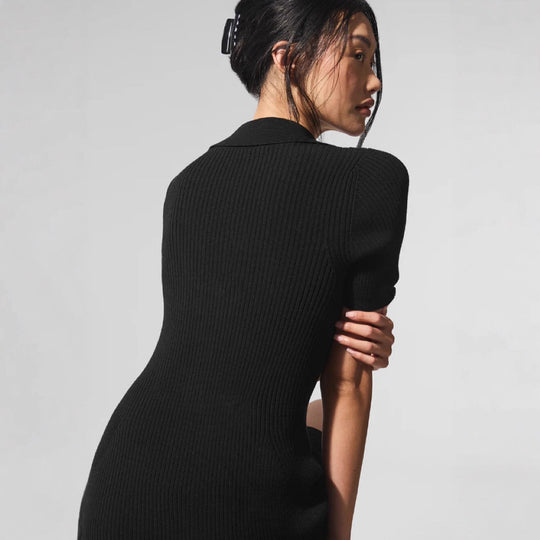 Damen Kurzarm Strickkleid mit Polo-Kragen und Knopfleiste R&B
