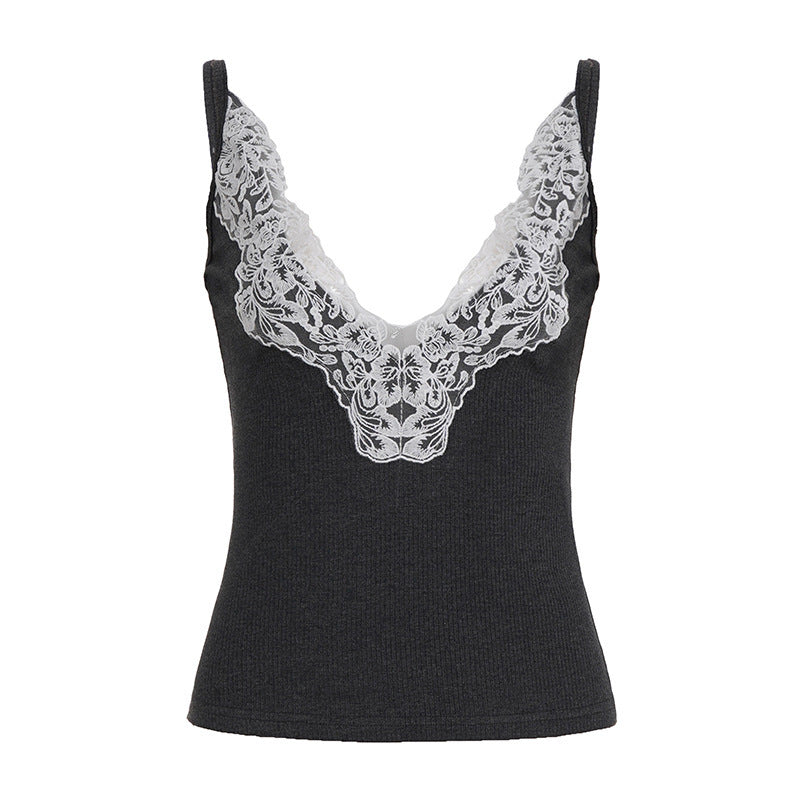 Damen Elegantes Top mit Spitzenverzierung und tiefem V-Ausschnitt R&B