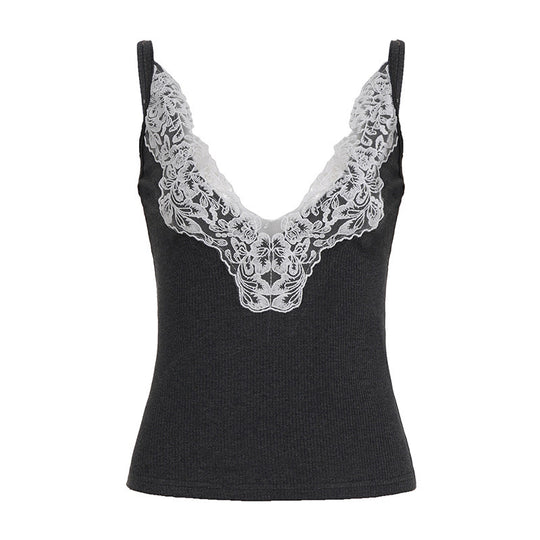 Damen Elegantes Top mit Spitzenverzierung und tiefem V-Ausschnitt R&B