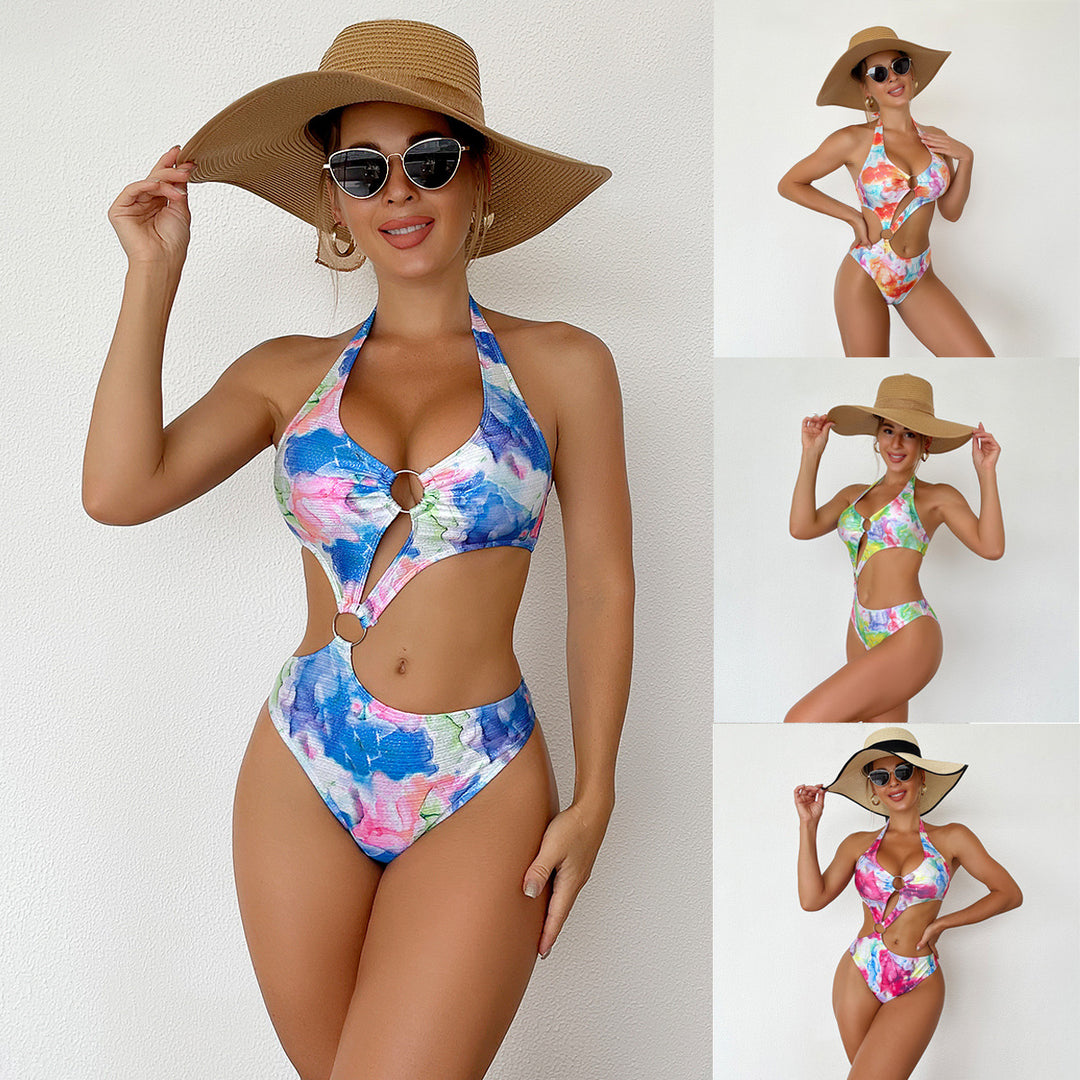 Damen Einteiler Badeanzug mit schickem Cut-Out und buntem Design R&B