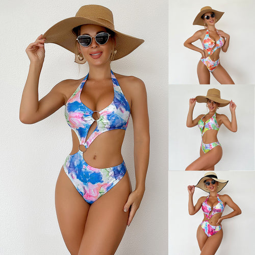 Damen Einteiler Badeanzug mit schickem Cut-Out und buntem Design R&B