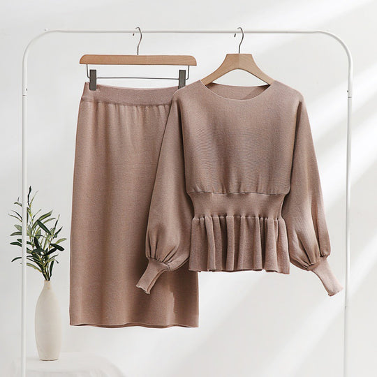 Damen elegantes Strickensemble mit Raffung und Ballonärmeln R&B