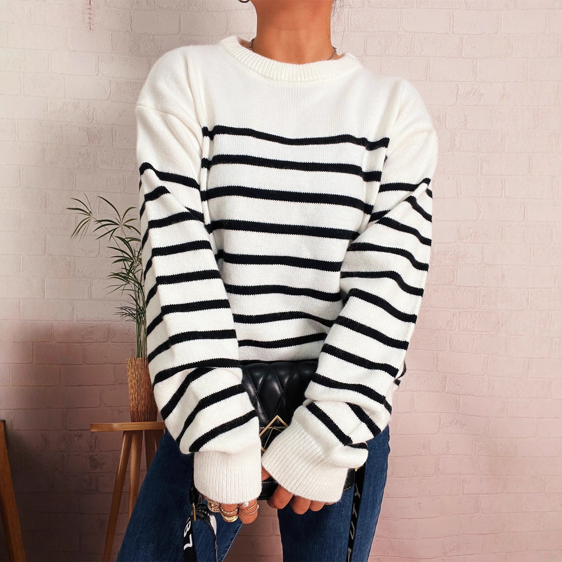 Damen lässiger gestreifter Pullover mit modernem Schnitt R&B