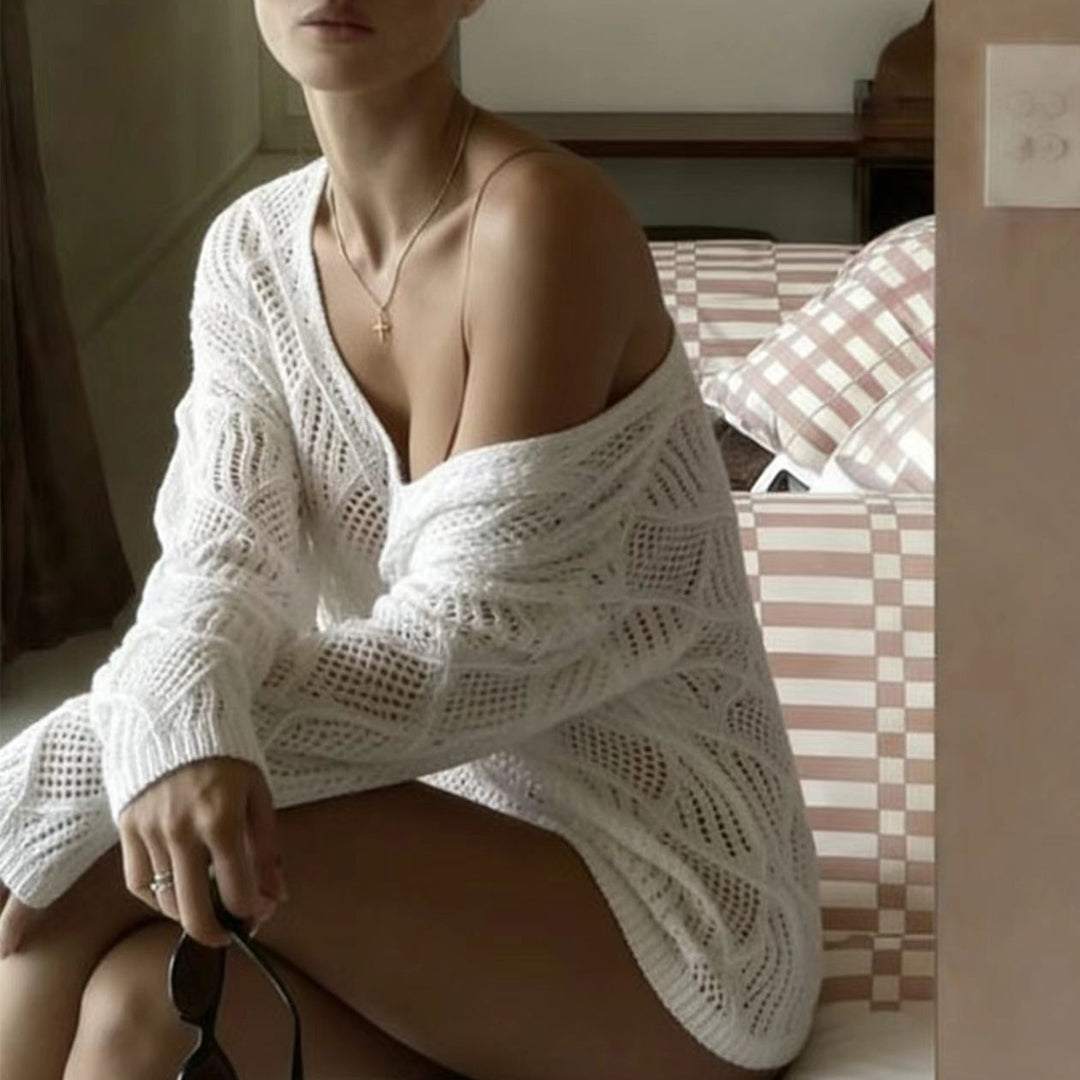 Damen legerer Netzpullover mit V-Ausschnitt und stylischen Details R&B
