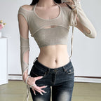 Damen Crop-Top mit raffinierten Rüschendetails und langärmligem Design R&B