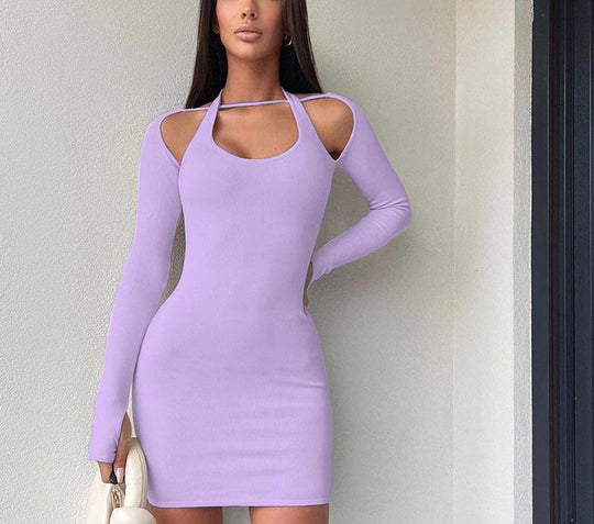 Damen Einseitig Offenes Mini-Kleid mit Langarm R&B