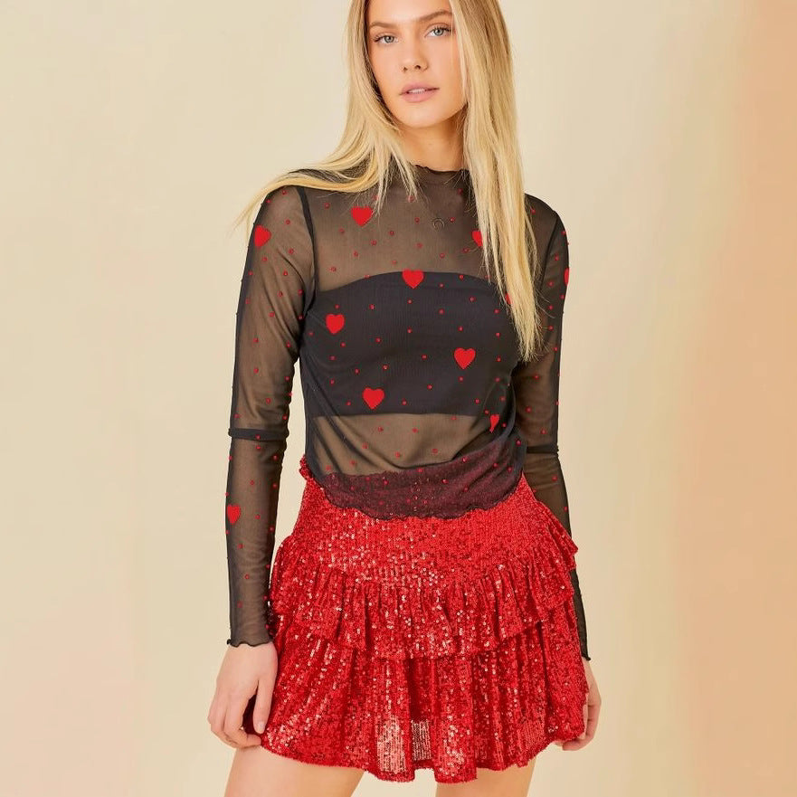 Damen transparenter Langarmbody mit Herzmotiv und Funktionsrock R&B