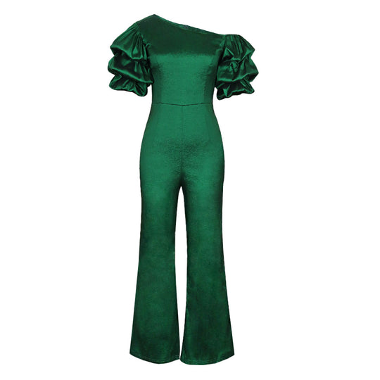 Damen Eleganter Jumpsuit mit asymmetrischen Puffärmeln R&B