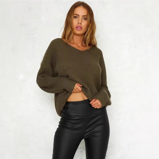 Damen Strickpullover mit tiefem V-Ausschnitt und dekorativem Rückendesign R&B