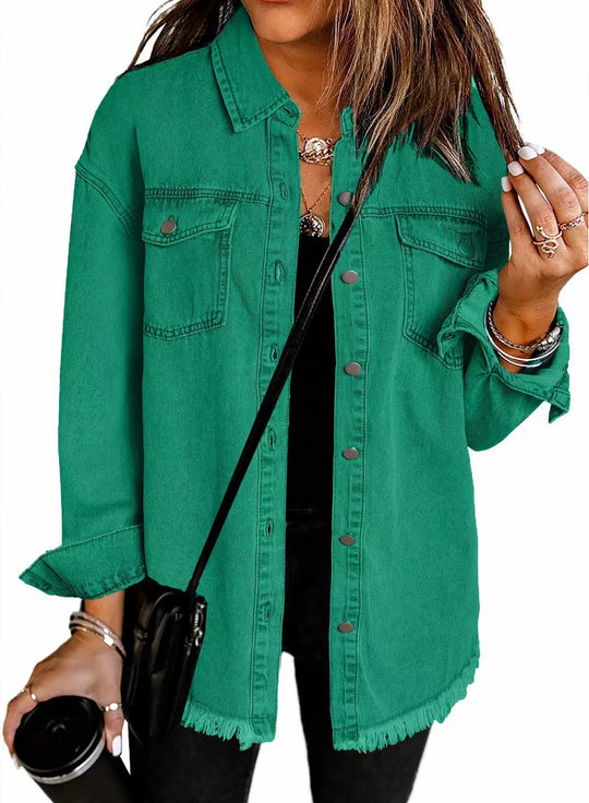 Damen Denim Overshirt mit fransigem Saum und Brusttaschen R&B