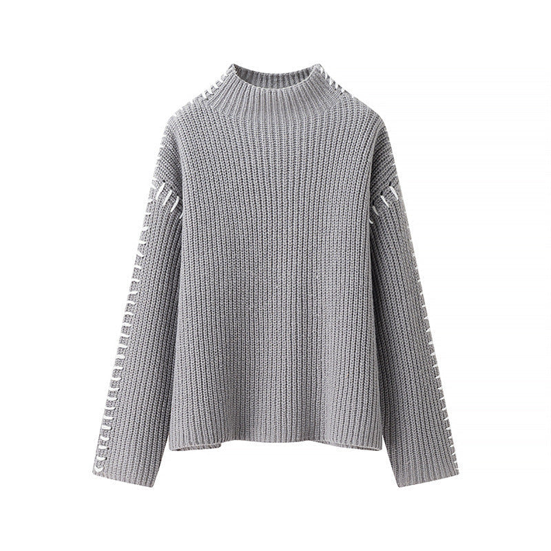 Damen modischer Strickpullover mit hohen Kragen und eleganten Seitendetails R&B