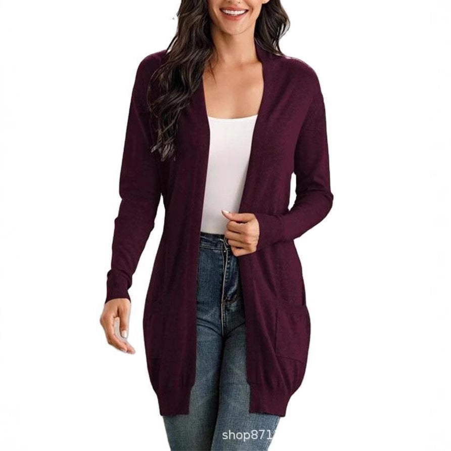 Damen Lange Strickjacke mit offenen Front und praktischen Taschen R&B