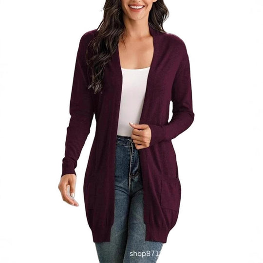 Damen Lange Strickjacke mit offenen Front und praktischen Taschen R&B