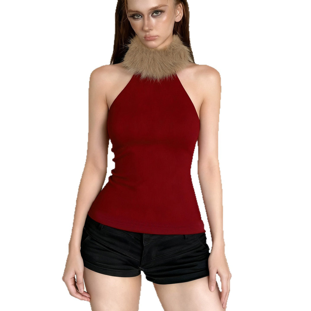 Damen elegantes langes Abendkleid mit raffiniertem Halter-Design und luxuriösem Kunstfellkragen R&B