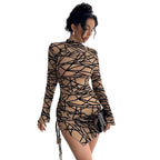 Damen nan figurbetontes transparentes Langarm Minikleid mit Rollkragen und seitlicher Raffung R&B