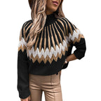 Damen Modischer Grobstrickpullover mit grafikintensivem Design und hohen Kragen R&B