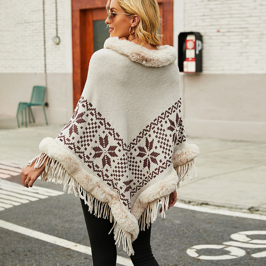 Damen eleganter Poncho mit dekorativem Fransen-Design und Kunstfellbesatz R&B