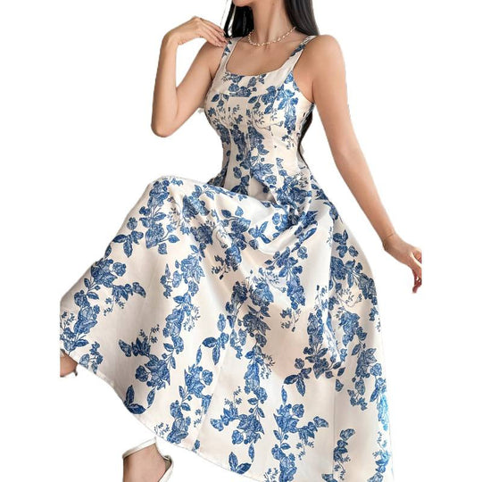 Damen Maxikleid mit romantischem floralem Druck und schmalen Spaghetti-Trägern R&B