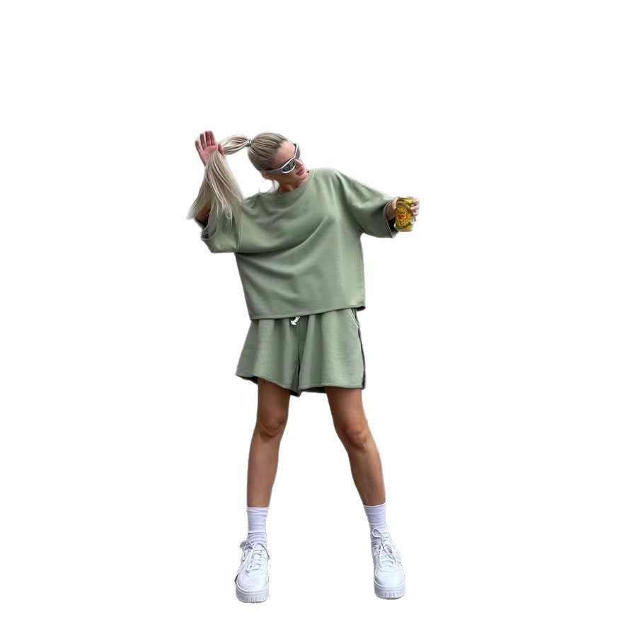 Damen lässiges Lounge-Set mit oversized Oberteil und Shorts R&B