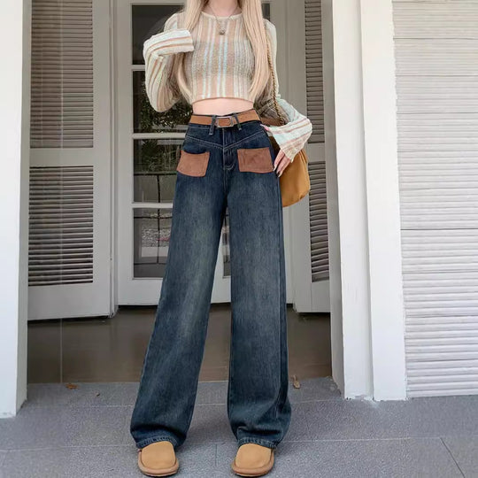 Damen Weite Jeanshose mit modischen Taschen und hohem Bund R&B