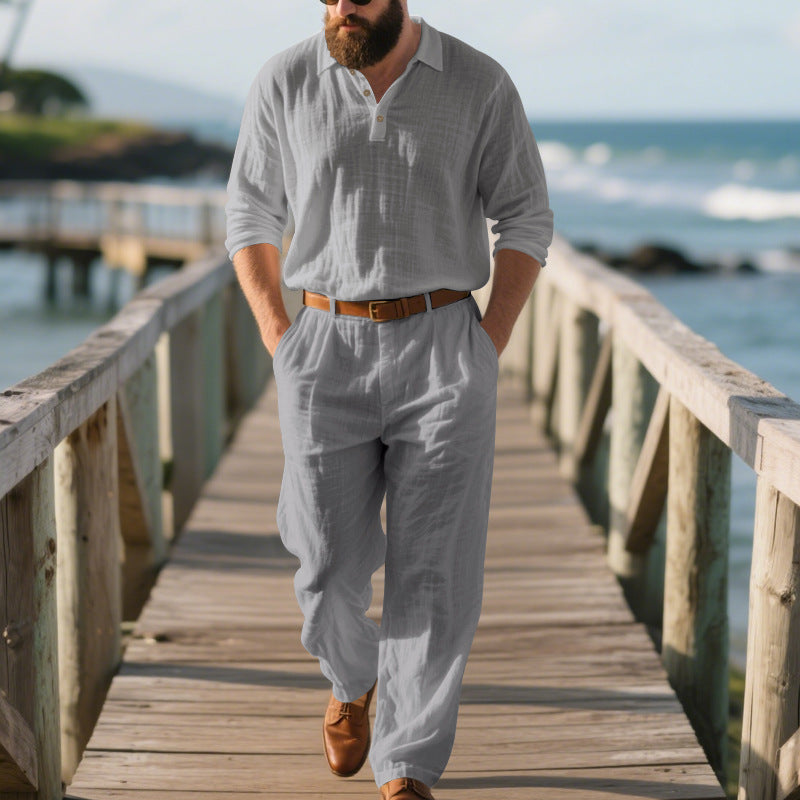 Herren eleganter Freizeit-Jumpsuit mit praktischen Taschen und stylischem Henley-Ausschnitt R&B