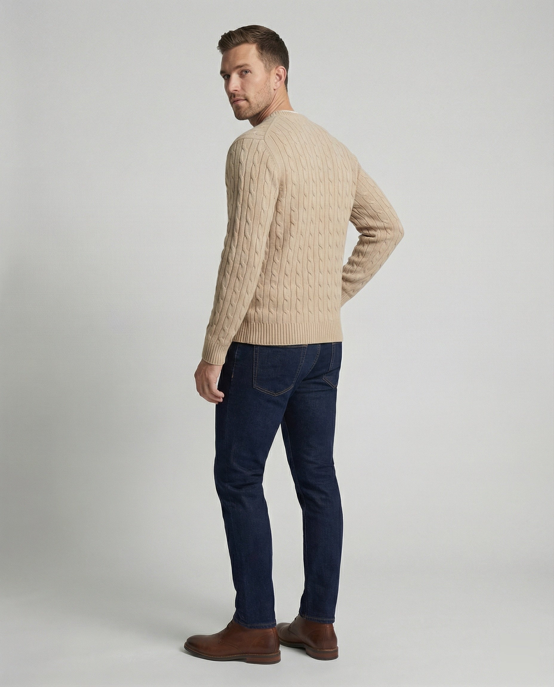 Retro Strickpullover Herren Zopfmuster Rundhals Beige Camel Locker