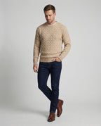 Retro Strickpullover Herren Zopfmuster Rundhals Beige Camel Locker