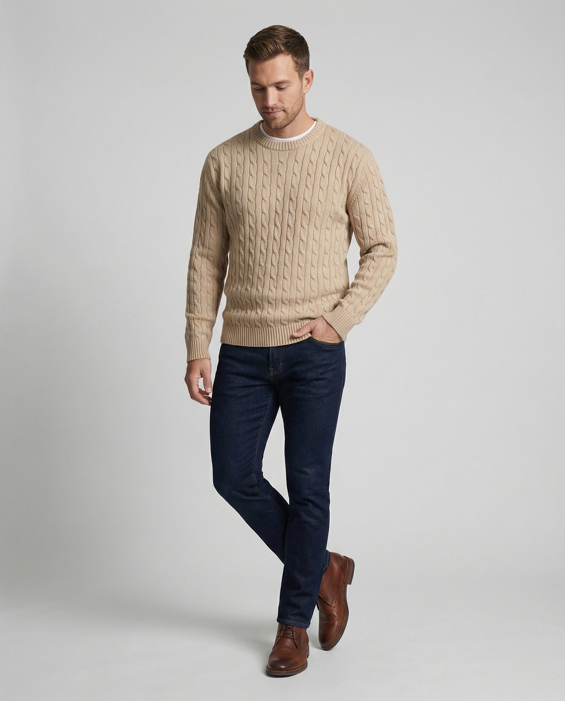 Retro Strickpullover Herren Zopfmuster Rundhals Beige Camel Locker