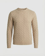 Retro Strickpullover Herren Zopfmuster Rundhals Beige Camel Locker