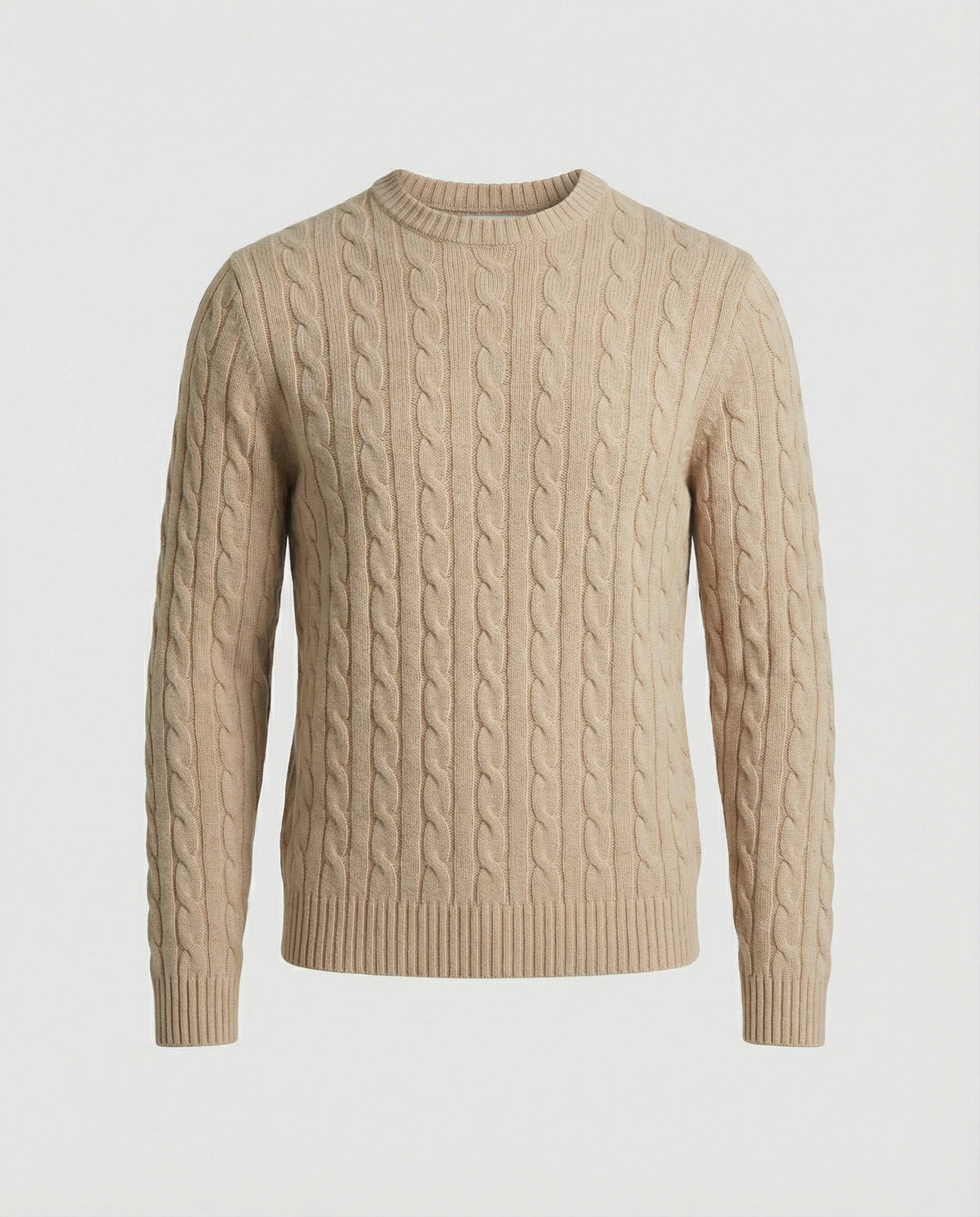 Retro Strickpullover Herren Zopfmuster Rundhals Beige Camel Locker