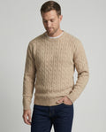 Retro Strickpullover Herren Zopfmuster Rundhals Beige Camel Locker