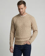 Retro Strickpullover Herren Zopfmuster Rundhals Beige Camel Locker
