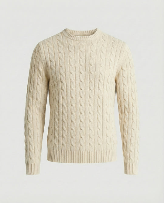 Retro Strickpullover Herren Zopfmuster Rundhals Beige Camel Locker