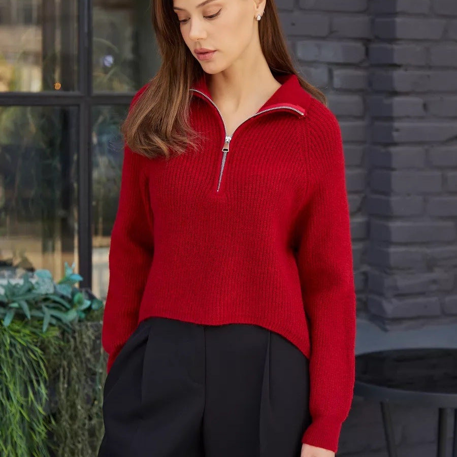 Damen Cozy Pullover mit Kragen und Reißverschluss R&B