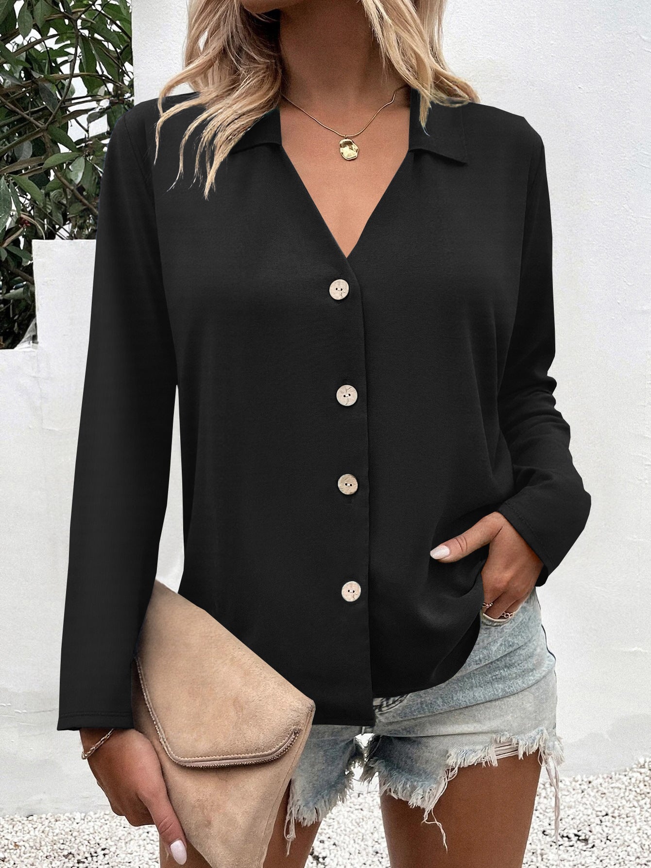 Damen Elegante Bluse mit Knopfleiste R&B