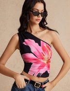 Damen Crop-Top mit asymmetrischem Ausschnitt und floralen Akzenten R&B