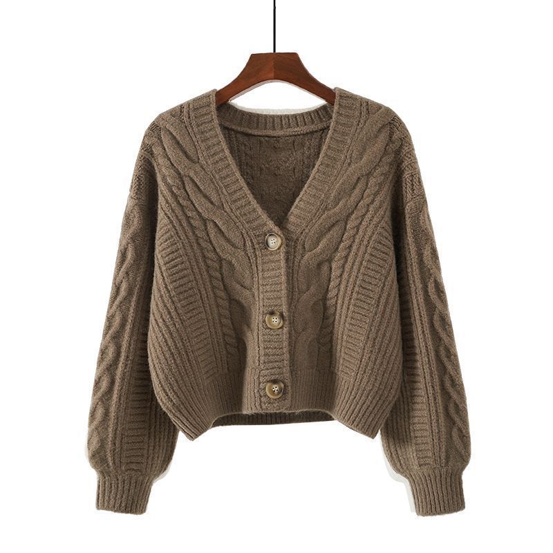 Damen Strickjacke mit ausgefallenem Zopfmuster und tiefem V-Ausschnitt R&B