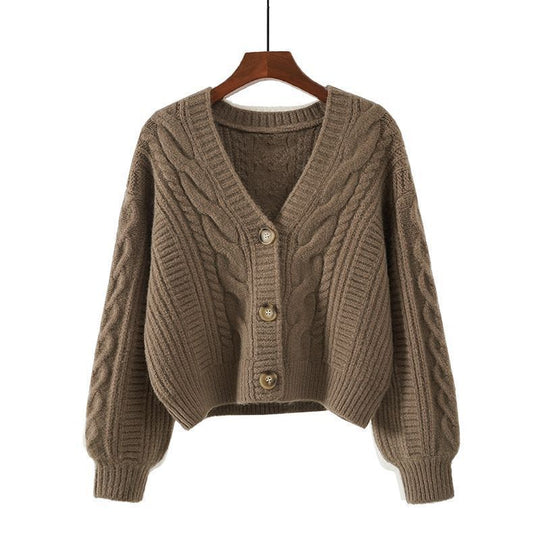 Damen Strickjacke mit ausgefallenem Zopfmuster und tiefem V-Ausschnitt R&B