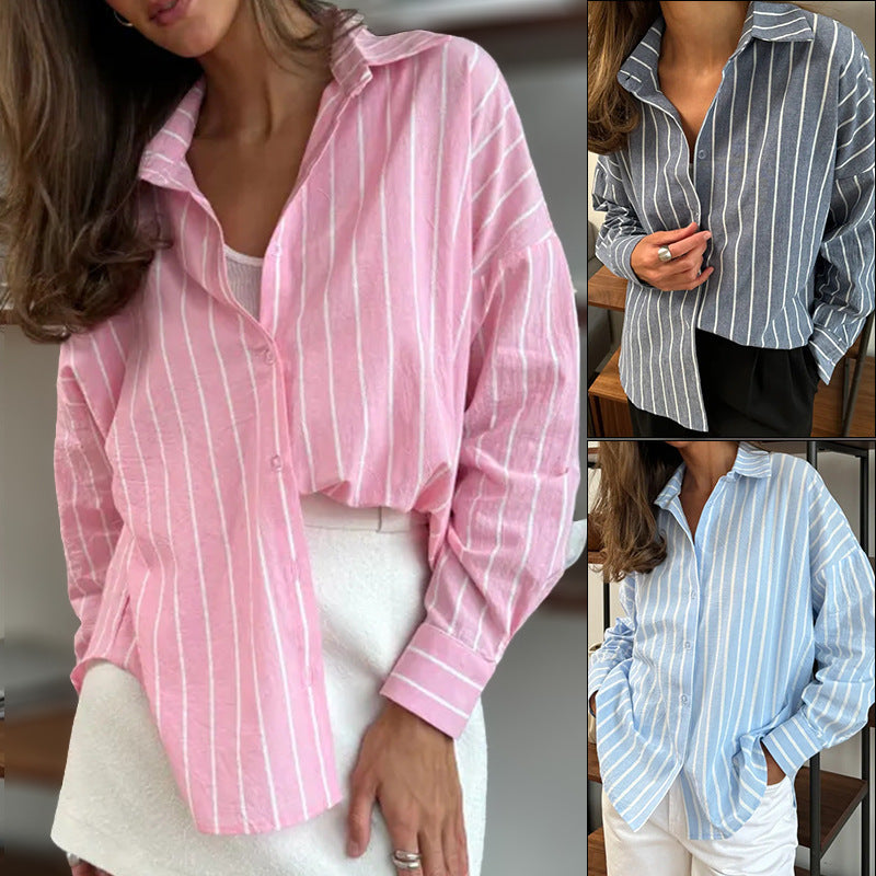 Damen lässige Baumwollbluse mit gestreiftem Design und lockerer Passform