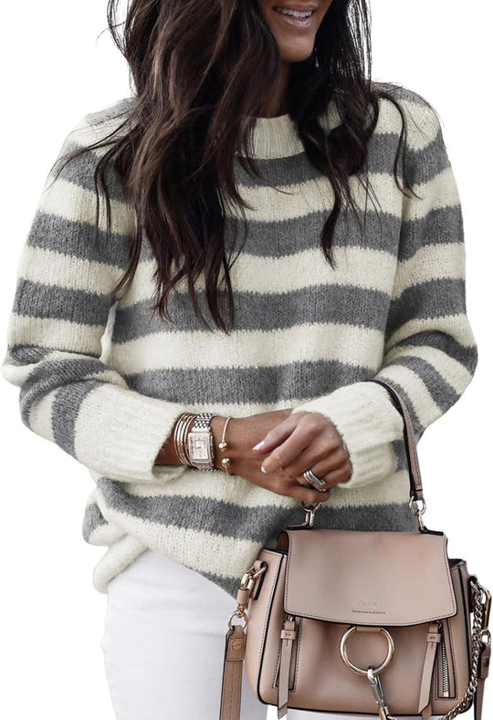 Damen lässiger Strickpullover mit breiten Querstreifen R&B