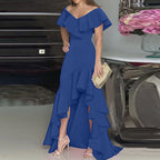 Damen Maxikleid mit voluminösen Rüschen und schulterfreiem Design R&B